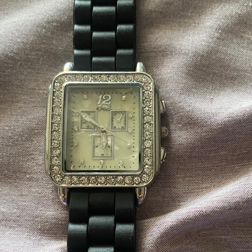 Kim Rogers Silver and Black Watch with Crystal Accents